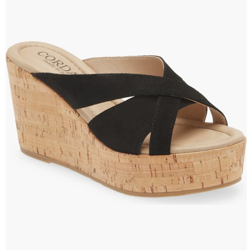 Cordani Devon Black Suede Strap Cork Wedge Platform Sandal Made in Italy Size 40